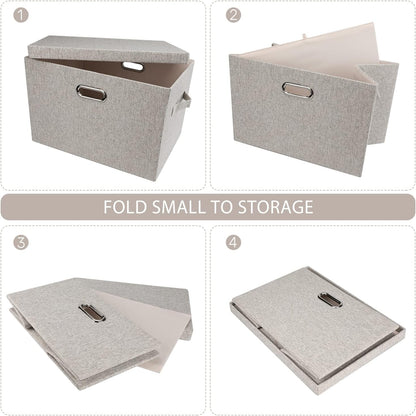 Large 17" 36 Quart Collapsible Stackable Storage Bins with Lids, 3 Packs Beige Linen Fabric Closet Boxes with Lids, Storage Cube Baskets Container Organizers for Bedroom Office(17 x12 x11)