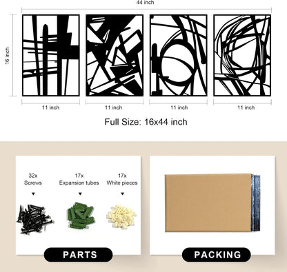 Glamativity 4 Pack Black Abstract Metal Wall Art, Minimalist Décor Single Line Art Wall Décor, 3D Textured Metal Wall Sculptures, for Living Room Bedroom Bathroom Study Room (Black Abstract, M Size 16 x 11'')