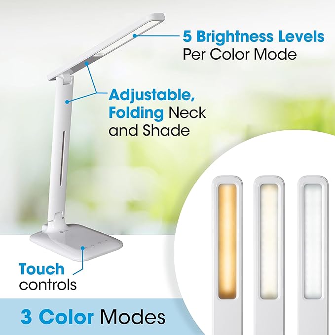 OttLite Slimline LED Desk Lamp – Touch Activated Controls, 3 Brightness Settings, ClearSun LED, Modern Design for Work, Office, or Dorm