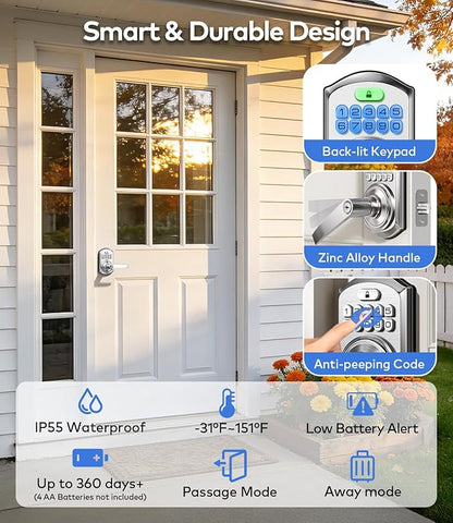 TEEHO TE019 Smart Keyless Entry Door Lock with Handle, App Control, Digital Electronic Keypad, Remote One-Time Code Sharing, Auto Lock & Passage Mode, for Bedroom & Rental, Satin Nickel
