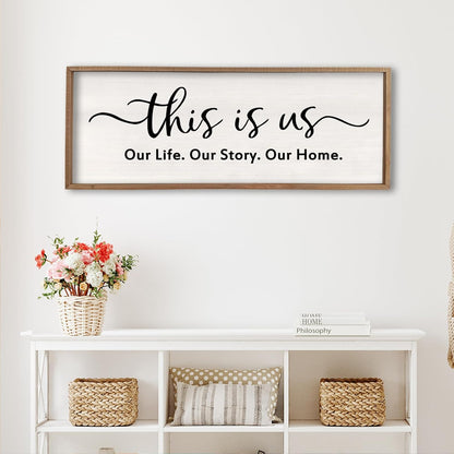 This is us Wall Decor Sign 40'' x 15'' Large Master Bedroom Home Life Story Wood Framed Vintage Family Sign Rustic Plaque Living Room Minimalist Farmhouse Hanging Wall Art (Wood)