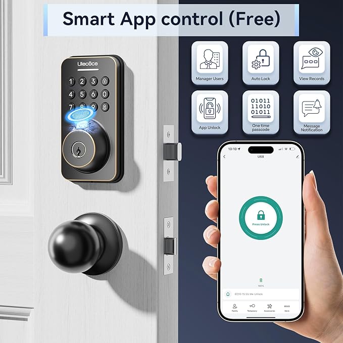 Fingerprint Keypad Deadbolt with Handle Set, Keyless Entry Door Lock, Door Locks for Front Door Lock Set, App Control, Auto Locking, Easy to Install, Oil Rubbed Bronze