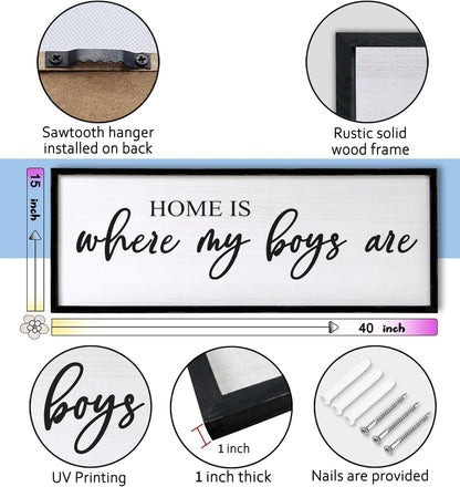 Home is Where My Boys are Sign Framed Wall Art, 40''×15'' Rustic Horizontal My Son Plaque with Black Frame for Baby Kid Boy Son Teen Toddlers Room, Horizontal Mom of Boys Gifts Nursery Decor
