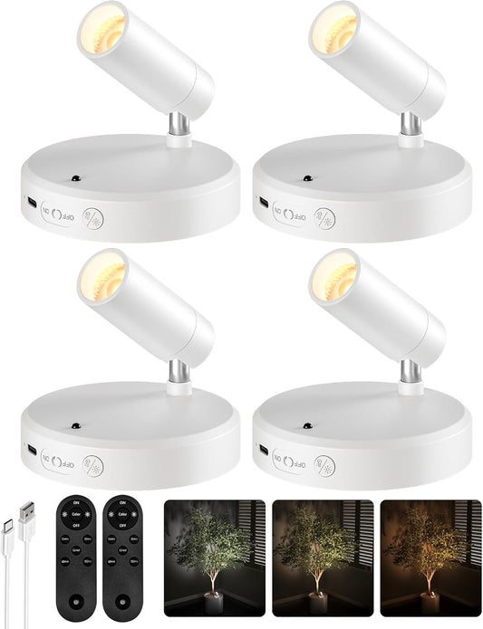 EZVALO Spot Lights Indoor,5500mAh Rechargeable Plants Spotlights with Remote,Wireless Mini Art Accent Spot Lights with Timer＆Dimmable, 3CCT, Uplights Indoor for Plants,Display,Artwork(4Pack-White)