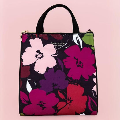 kate spade new york Portable Soft Cooler Lunch Bag, Thermal Tote with Insulated Interior Lining and Storage Pocket, Lunch Tote for Women, Painterly Blooms