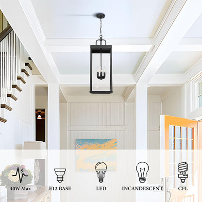 Large Outdoor Pendant Lantern Light Fixture for Front Porch, 28 Inch 4-Light Black Exterior Hanging Chandelier with Clear Glass, Outdoor Indoor Pendant Lamp for Patio, Gazebo, Entryway, Doorway