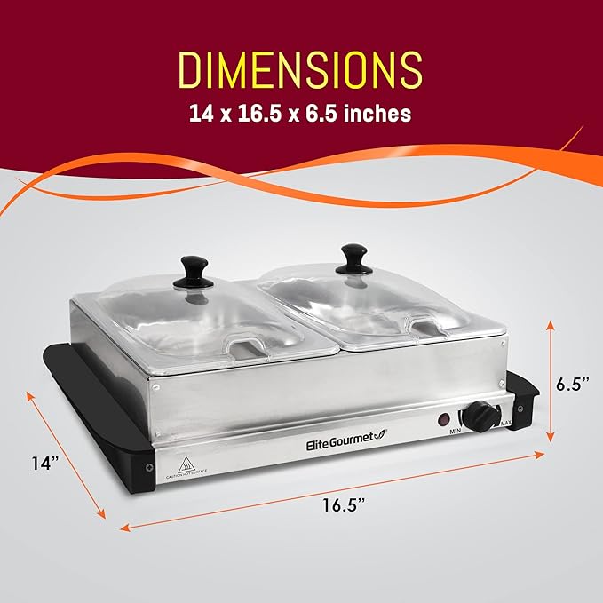 Elite Gourmet EWM-6122# Dual 2 x 2.5 Qt. Trays, Buffet Server, Food Warmer Temperature Control, Clear Slotted Lids, Perfect for Parties, Entertaining & Holidays, 5 Qt Total, Stainless Steel