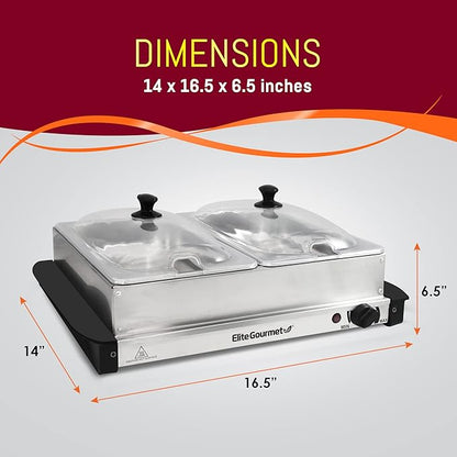 Elite Gourmet EWM-6122# Dual 2 x 2.5 Qt. Trays, Buffet Server, Food Warmer Temperature Control, Clear Slotted Lids, Perfect for Parties, Entertaining & Holidays, 5 Qt Total, Stainless Steel