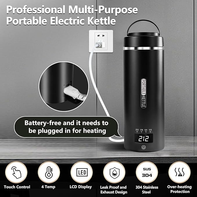 Travel Kettle Small Tea Kettle Coffee Mini Portable Electric Kettle with 4 Temperature Settings, Plug in 304 Stainless Steel Mini Travel Electric Kettle with Auto Shut-off(Black)