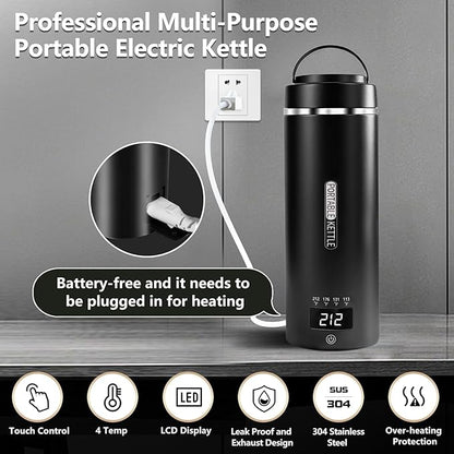 Travel Kettle Small Tea Kettle Coffee Mini Portable Electric Kettle with 4 Temperature Settings, Plug in 304 Stainless Steel Mini Travel Electric Kettle with Auto Shut-off(Black)