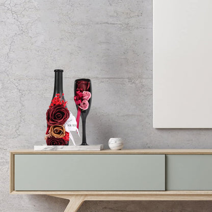 Valentines Day Gift Red Rose Fake Flowers Wine Bottle Vase Rose Glass Artificial Flowers for Home Table Decor Office Decoration Preserved Rose Flowers For Her Womens Valentines Decoration Set of 2
