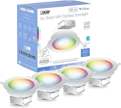 Feit Electric 6" Smart LED Canless Recessed Downlight, 65W EQ, Dimmable, Wifi Enabled, Compatible with Alexa and Google Home Asst, Color Changing, 90 CRI, 850 Lumens