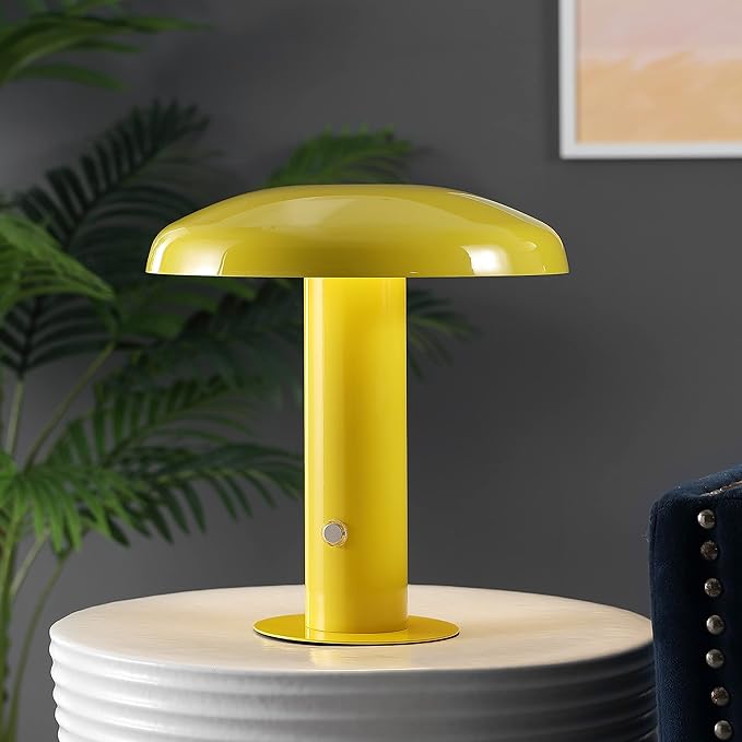 JONATHAN Y 11" Yellow Rechargeable LED Mushroom Table Lamp, Cordless Portable Dimmable Mid-Century Modern Accent Lamp, with Metal Shade, Touch Sensor (JYL7114C)