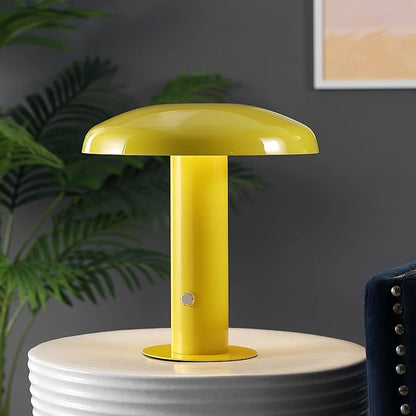 JONATHAN Y 11" Yellow Rechargeable LED Mushroom Table Lamp, Cordless Portable Dimmable Mid-Century Modern Accent Lamp, with Metal Shade, Touch Sensor (JYL7114C)