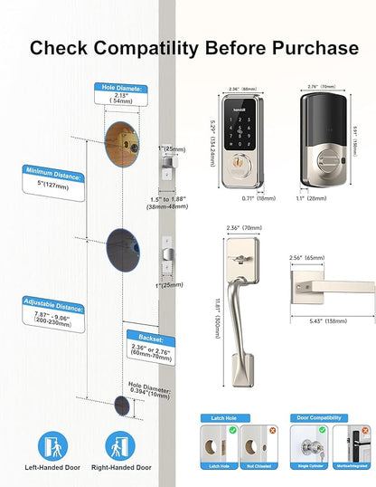 Front Door Lock with Handle Set, Hornbill Smart Deadbolt Keyless Entry, App Control and Auto-Lock, Touchscreen Keypad Electronic Deadbolt, Bluetooth/Key Fobs/Password Unlock for New House