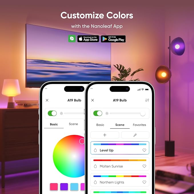 Nanoleaf Essentials Smart Light Bulbs, Matter Smart LED Bulbs Work with Alexa & Google Home, 1000lm 16M+ RGBTW Color Changing Light Bulb, Music Sync A19 E26 2.4GHz WiFi Bluetooth Light Bulb 60W, 2PK