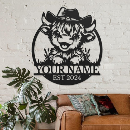 Personalized Highland Cow Name metal Signs,Custom Highland Cow Metal Shed Wall Decor,Black Metal Wall Art Plaques Outdoor wall Decorative Signage (Style A)