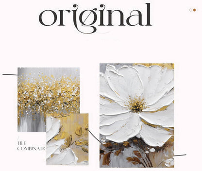 Hand-Painted Flower Oil Painting for Living Room,Framed 3D Gold and White Abstract Wall Art for Bedroom, Large 3 Pieces Floral Wall Painting for Office Home Decor 24x64 inches