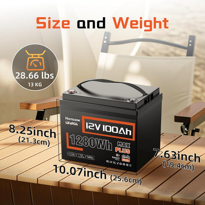 4 PCS 12V 100Ah LiFePO4 Lithium Battery MAX PLUS, Built-in 110A BMS & Bluetooth 5.0, 15000+ Deep Cycles Lithium Batteries, Max.1280Wh, 10-Year Lifespan for RV, Marine