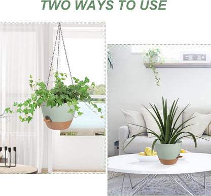Hanging Planters for Indoor Outdoor Plants, 2 Pack Self Watering Hanging Pot with Drainage Holes & Removable Tray (Green, 8'')