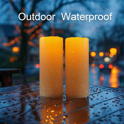Amagic 2 Pack 8" x 4" Outdoor Plastic Electric flameless Candles with Remote Control and Timer, Battery Operated Flickering LED Pillar Fake Candle for Home, Wedding Decor, Ivory