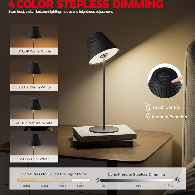 Honeywell Cordless Table Lamp Rechargeable, M1 Sunturalux Portable LED Desk Lamp 5200mAh Battery Operated 4Color 9RGB Dimmable Touch Control Night Light for Restaurant Living Bedroom Bedside Lamps
