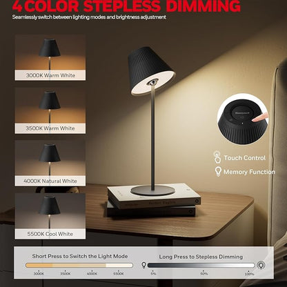 Honeywell Cordless Table Lamp Rechargeable, M1 Sunturalux Portable LED Desk Lamp 5200mAh Battery Operated 4Color 9RGB Dimmable Touch Control Night Light for Restaurant Living Bedroom Bedside Lamps