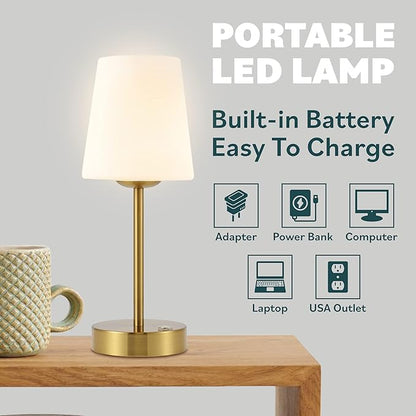 JONATHAN Y 12.75" Oil Rubbed Bronze/White Modern Rechargeable Cordless LED Table Lamp, Mini Portable Dimmable Touch Accent Lamp for Bedroom Vanity with Frosted White Glass Shade (JYL7110B)