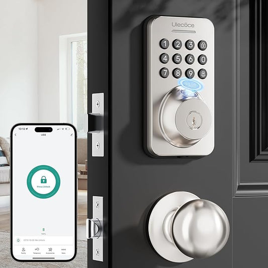 Fingerprint Keypad Deadbolt with Handle Set, Keyless Entry Door Lock, Door Locks for Front Door Lock Set, App Control, Auto Locking, Easy to Install, Satin Nickel
