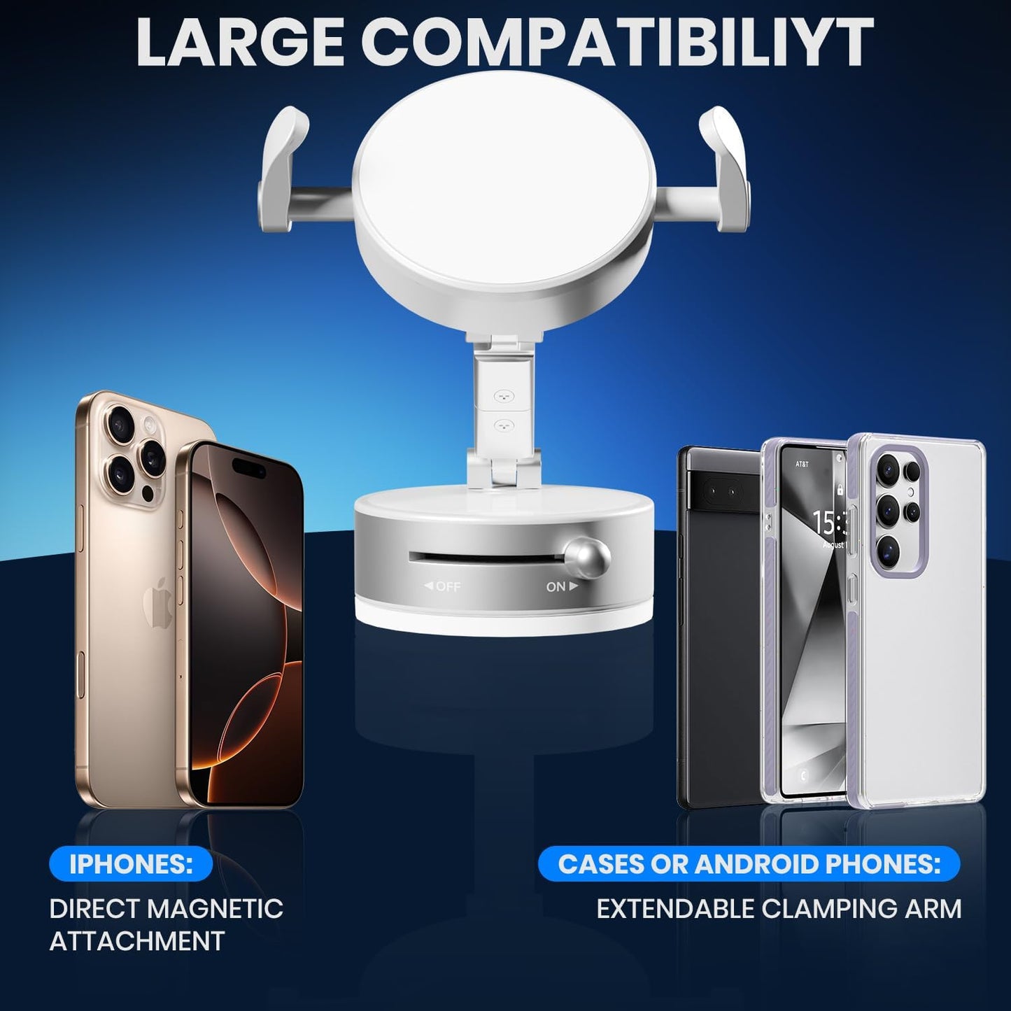 Upgraded 360° Adjustable Vacuum Magnetic Phone Holder, Vacuum Magnetic Suction Phone Mount with Clamp Foldable Phone Holder for Car/Gym/Mirror/Smooth Surface, Suitable with All Smartphones (White)