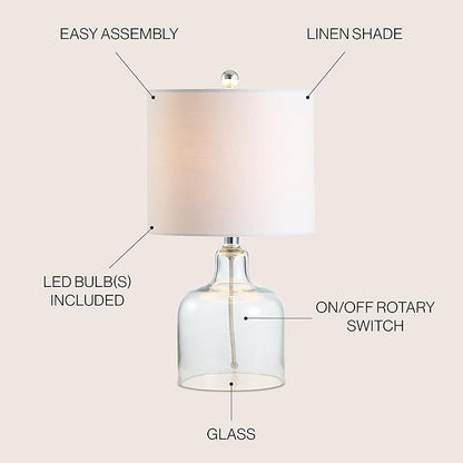 JONATHAN Y 19" Clear Glass Bell Table Lamp for Living Room Bedroom, White Linen Drum Shade, Modern Coastal Bedside Nightstand Lamp with LED Bulb, UL Listed (JYL1036C)