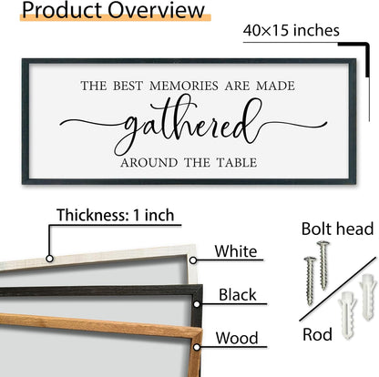 SRSZHIYUE The Best Memories Are Made Gathered Around The Table Sign Wall Decor Art 40"×15" for Kitchen Dining Room Large Wood Framed Wall Hanging (Black)