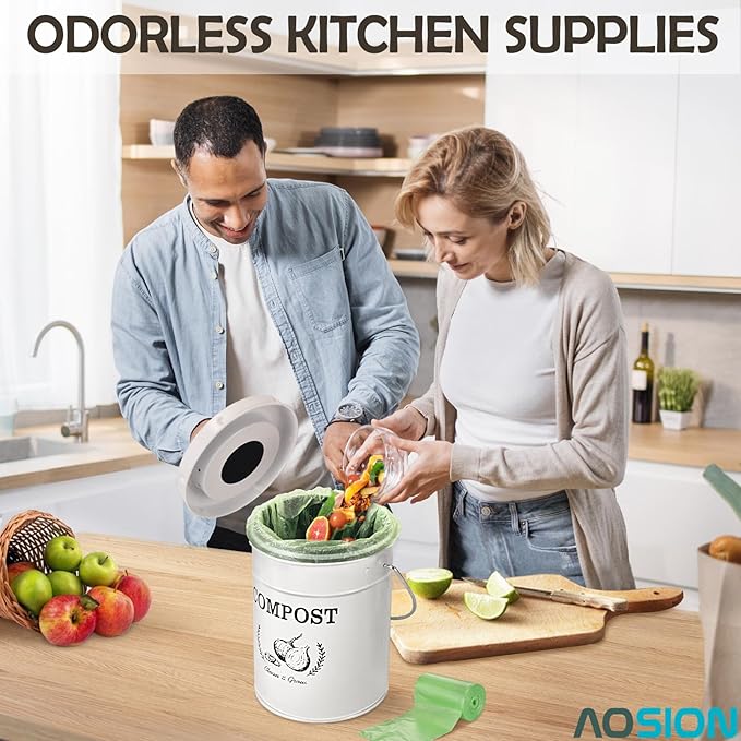 AOSION Countertop Compost Bin Kitchen,Odor Resistant Indoor Compost Bin with Lid and Compost Bags,Compost Bucket Composter Container for Food Waste,White