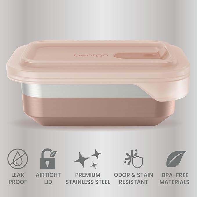 Bentgo MicroSteel Heat & Eat Container – Microwave-Safe, Leak-Proof & Airtight, Easy-to-Clean Lightweight Stainless Steel Reusable Food Storage with Silicone Lid (Snack Size; 2-Cup Capacity; Rose)