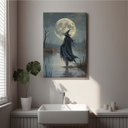 JFHCQJPK Witch in the moonlight magic canvas wall art enchanting Halloween home decor swamp witch silhouette oil painting mysterious gothic aesthetic wall decor print poster20x30in Frameless