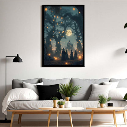 JFHCQJPK Mysterious creek painting witch and castle in magic forest art print canvas gothic print dark college decoration poster for home bedroom12x16in Metal blackFramed