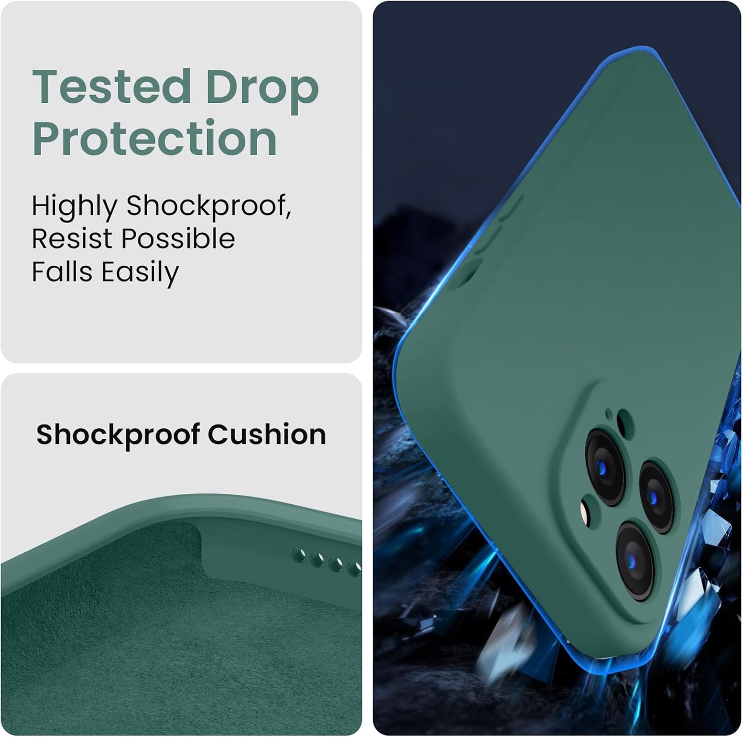 FireNova for iPhone 14 Pro Case, Silicone Upgraded [Camera Protection] Phone Case with [2 Screen Protectors], Soft Anti-Scratch Microfiber Lining Inside, 6.1 inch, Midnight Green