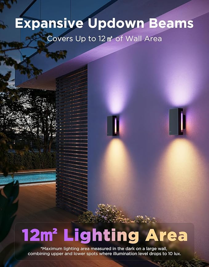 Govee Outdoor UpDown Wall Light, 2 Pack, 1200LM RGBICWW Smart Porch Lights Outdoor with 64 Scene Modes, IP66 Waterproof Wall Sconce for Outdoor Decor, Works with Alexa, Google Assistant and Matter