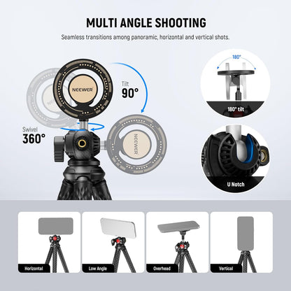 NEEWER Magnetic Flexible Phone Tripod Compatible with Magsafe iPhone 15 Pro Max 14 Series Android, Mini Vlog Cellphone Tripod Stand with Ball Head for Stroller Bike Motorcycle Tube Round Objects, TP33