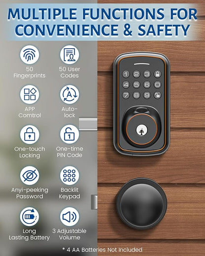 Keyless Entry Door Lock with Handle Set, Smart Door Lock with Fingerprint, 5 in 1 Unlock, Auto Lock Biometric Fingerprint Door Lock for Front Door, Easy Installation (Gold Black)