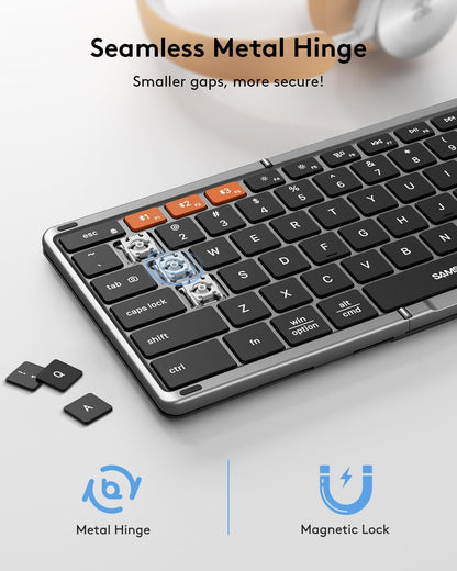 Samsers Foldable Bluetooth Keyboard with Touchpad, Full-Size Wireless Folding Key Board with PU Leather, Portable Travel for iOS Android Windows Mac OS, Support 3 Devices (BT5.1 x 3)
