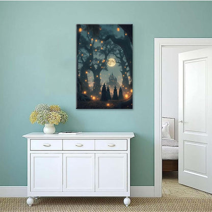 Mysterious creek painting witch and castle in magic forest art print canvas gothic print dark college decoration poster for home bedroom16x24in Wood Framed
