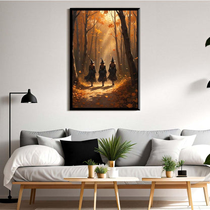 JFHCQJPK Three witches walking in the forest in autumn canvas painting gothic poster halloween print country witch wall art for home decoration20x30in Metal blackFramed