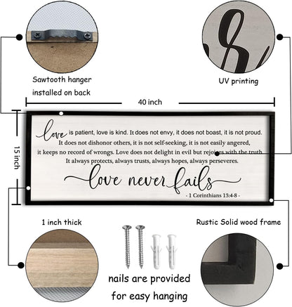 flowtorely Love is Patient, Kind Wall Art Decor 40"X15" Love Never Fails Sign 1 Corinthians 13 Bedroom Above Bed Large Bible Verse Quote Scripture Christianity Hanging Sign (Black)