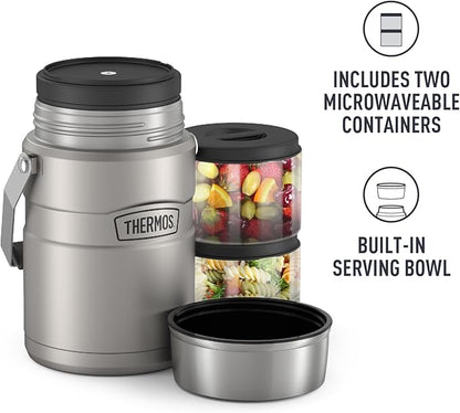 THERMOS Stainless King Vacuum-Insulated Food Jar Matte Steel | With Storage Containers | Built-in Handle | 47 Ounce | Pack of 4