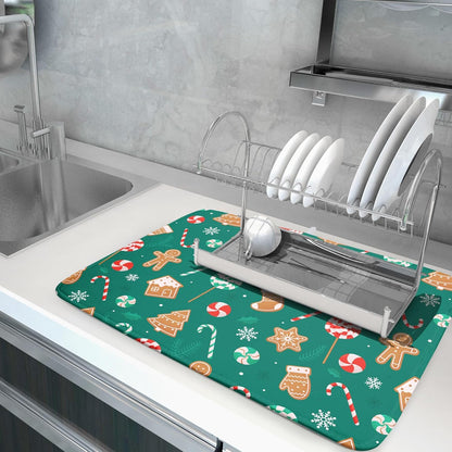 Gingerbread Dish Drying Mat for Kitchen Counter Holiday Green Super Absorbent Reversible Microfiber Kitchen Countertop Protector Dishes Pad Large 18x24 inch