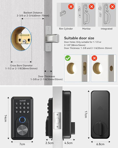 Smart Door Lock, ANYBELL Keyless Entry Door Lock Fingerprint with Keypad Smart Deadbolt for Home, Rental, Office and Hotel TUYA Remote Control, Black
