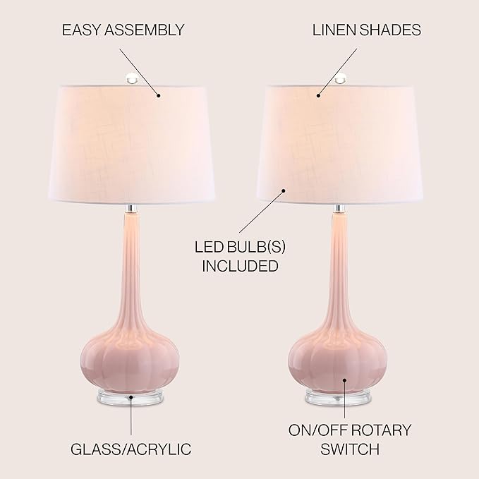 JONATHAN Y 28.5" Pink Glass Teardrop LED Table Lamp Set of 2 for Living Room Bedroom Nightstand, White Linen Shade Modern Transitional Bedside Desk Lamp JYL1079A-SET2