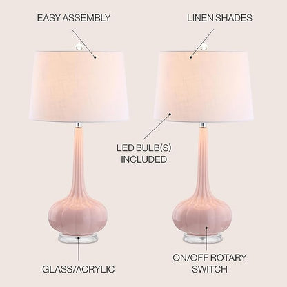 JONATHAN Y 28.5" Pink Glass Teardrop LED Table Lamp Set of 2 for Living Room Bedroom Nightstand, White Linen Shade Modern Transitional Bedside Desk Lamp JYL1079A-SET2