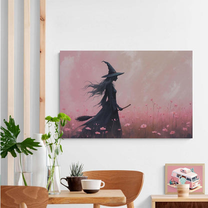 JFHCQJPK Witch in the pink sea of flowers Halloween prints weird flowers wall art silhouette painting fashionable romantic decoration suitable for bedroom12x16in Frameless